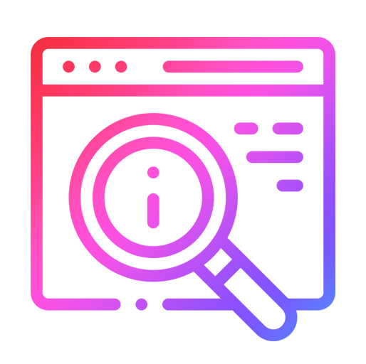 Piktogramm eines Browserfensters mit Lupe und Info-Symbol in pink-lila Farbverlauf.