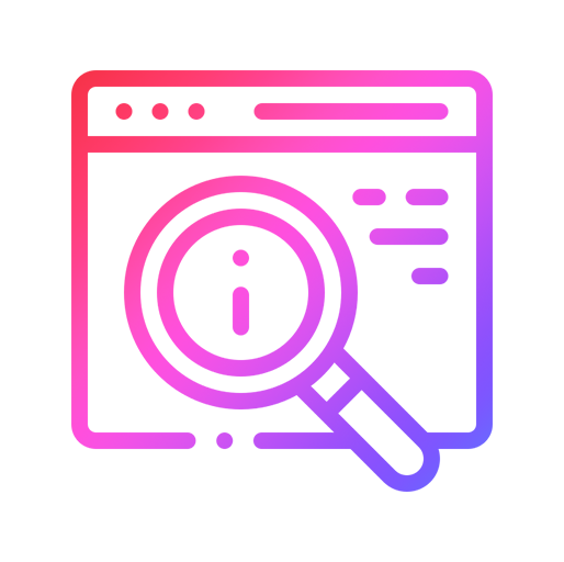 Piktogramm eines Browserfensters mit Lupe und Info-Symbol in pink-lila Farbverlauf.