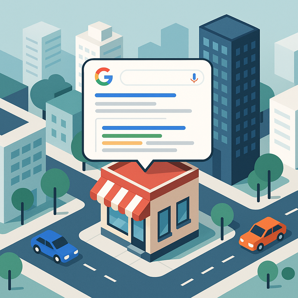 sometrische Illustration einer kleinen Ladenfassade mit rotem Dach und Schaufenster inmitten einer modernen Stadt, über der eine Google Suchergebnisanzeige schwebt. Symbol für lokale SEO Optimierung in Heilbronn, mehr Sichtbarkeit bei Google und erfolgreiches Ranking für regionale Unternehmen.
