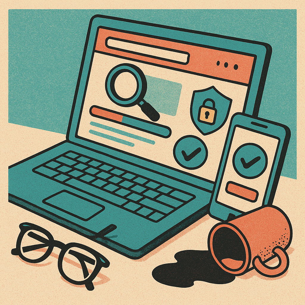 Isometrische Illustration zum Website Check auf Laptop und Smartphone mit Speed Anzeige, Lupe, Häkchen und HTTPS Schloss