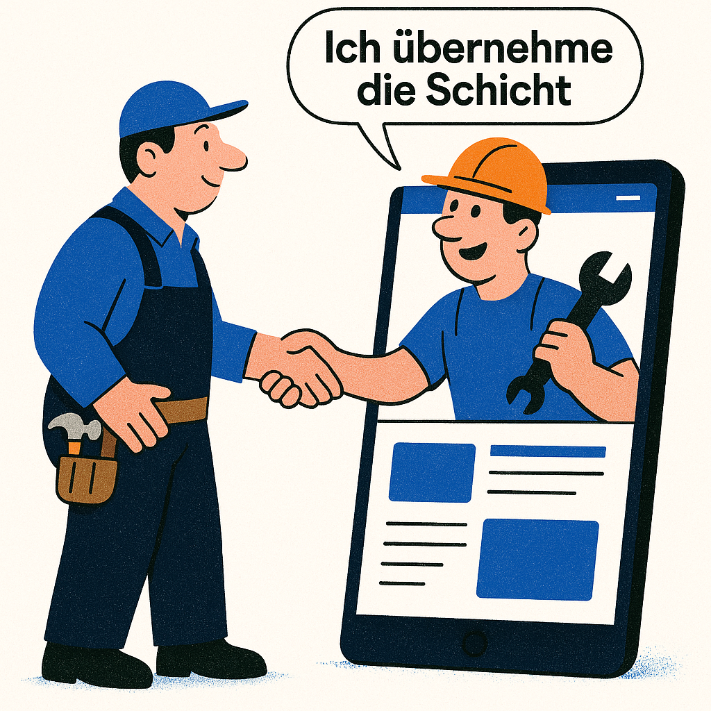 webdesign für handwerker als witzige Szene die Website übernimmt die Schicht und arbeitet wie ein Mitarbeiter