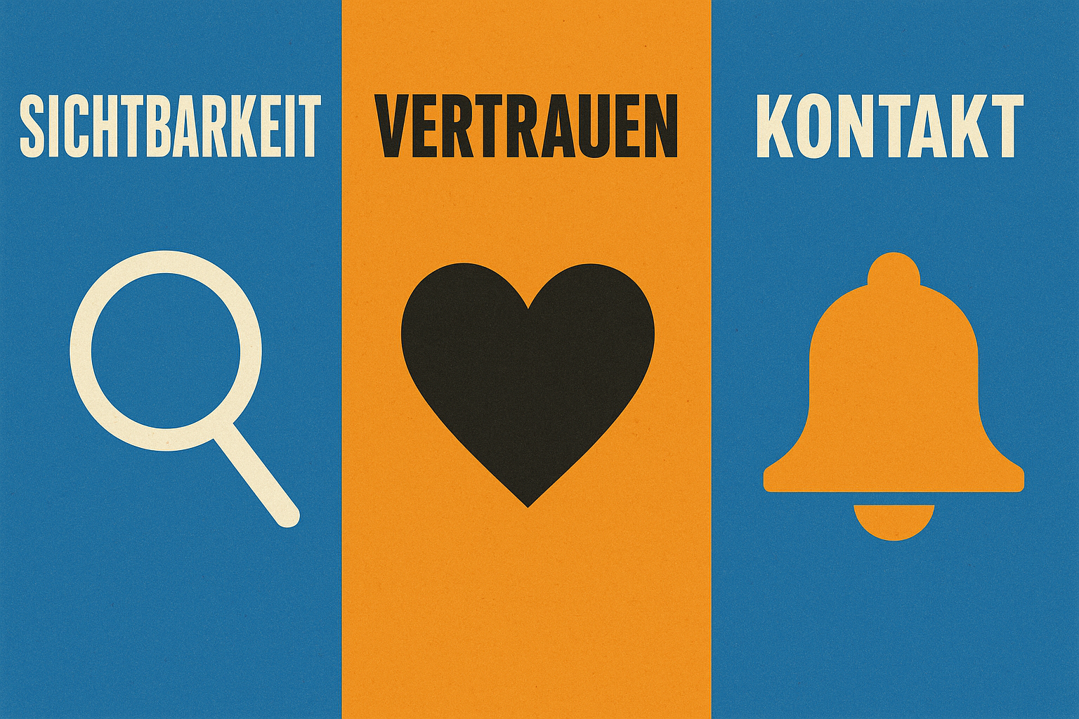Meme Grafik mit drei Kacheln zu Sichtbarkeit Vertrauen und Kontakt für handwerker website