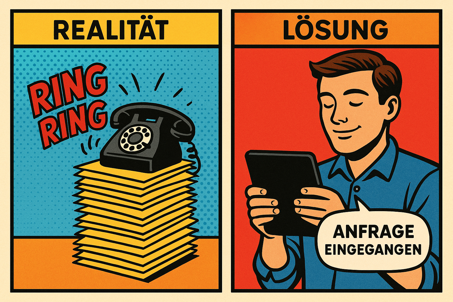 Pop Art Comic zeigt wie eine website für handwerker Anfragen automatisiert vom Telefonstress zur entspannten Tablet Meldung