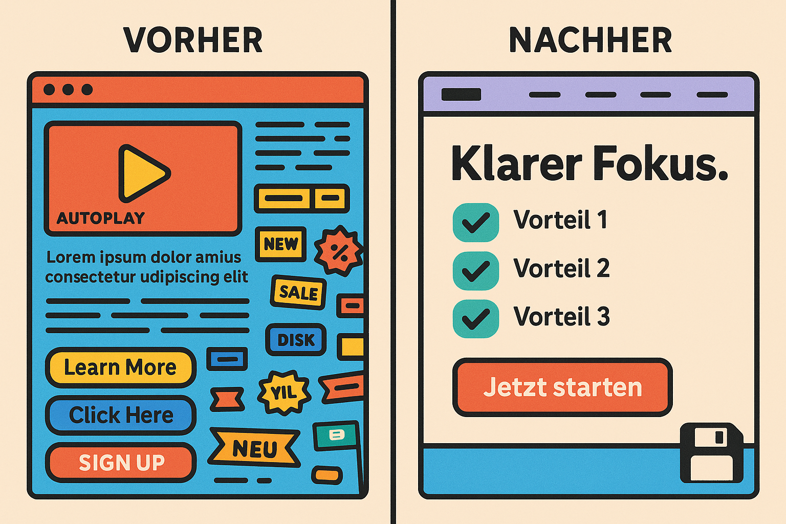 Vergleich überladene Startseite gegen fokussierte Seite die Leads bringt