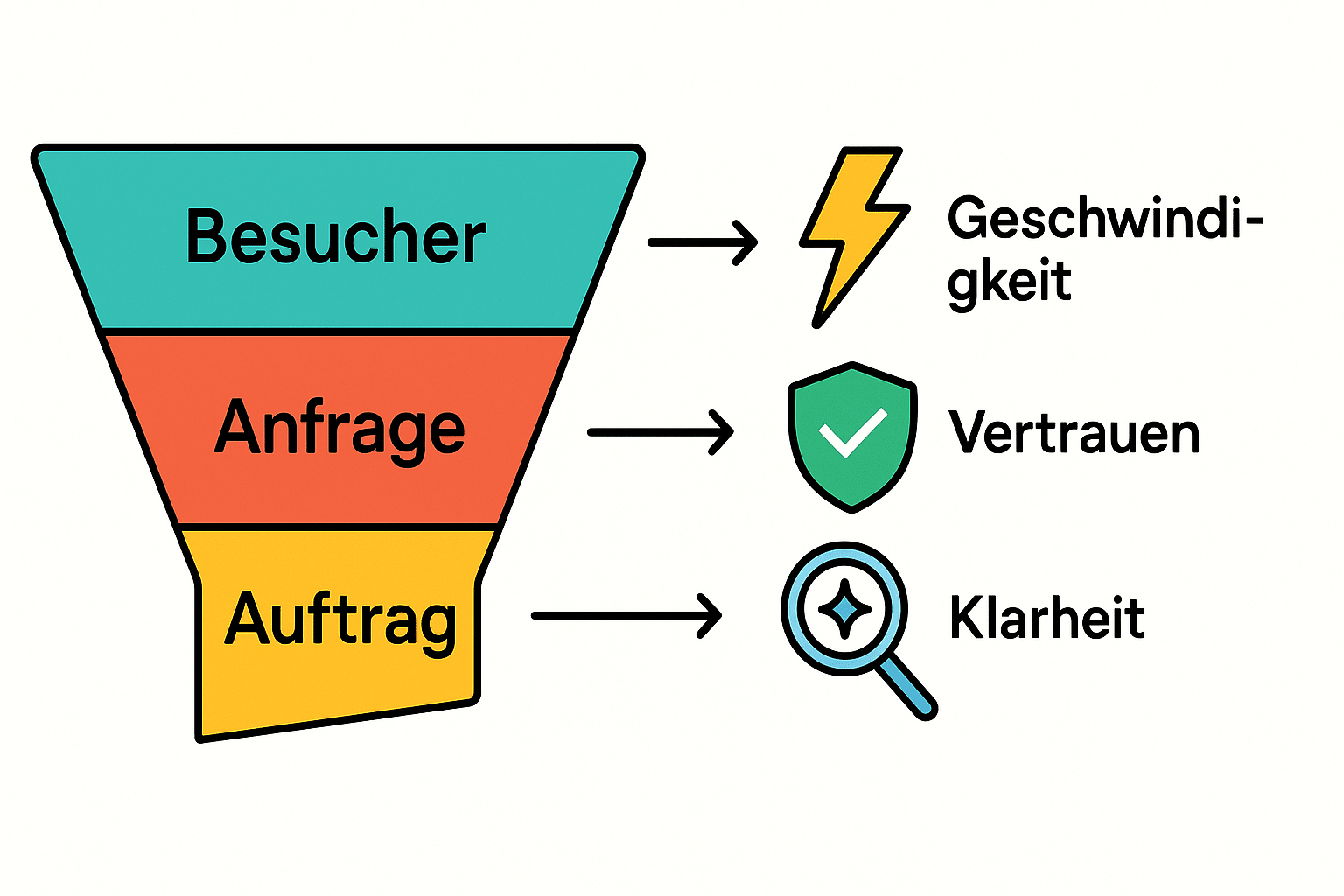 Funnel von Besucher zu Anfrage mit den Hebeln Geschwindigkeit Vertrauen Klarheit