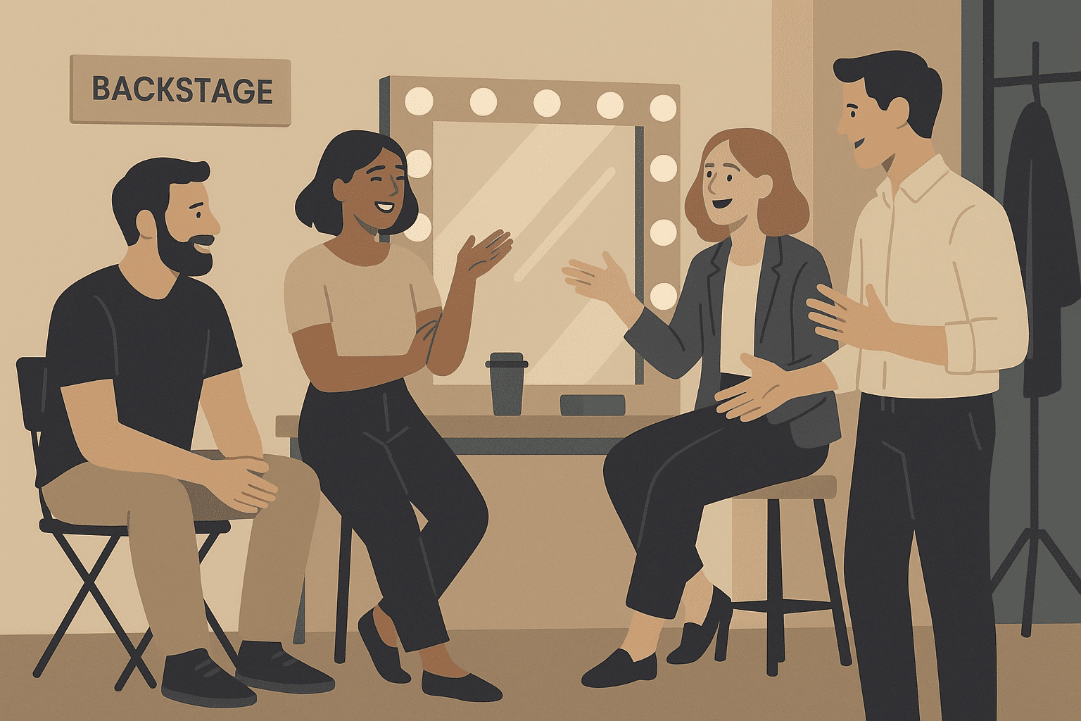 In einem hellen Backstage-Bereich unterhalten sich Dennis Buchwald und drei Kolleginnen angeregt über kreative Ideen und Zusammenarbeit