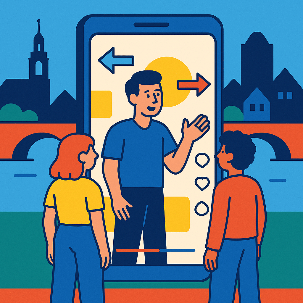 Covergrafik ohne Text: vertikales Kurzvideo-Interface im Smartphone, Person erklärt, zwei Zuschauer davor, Heilbronn Silhouette im Flat Retro Tech Stil.