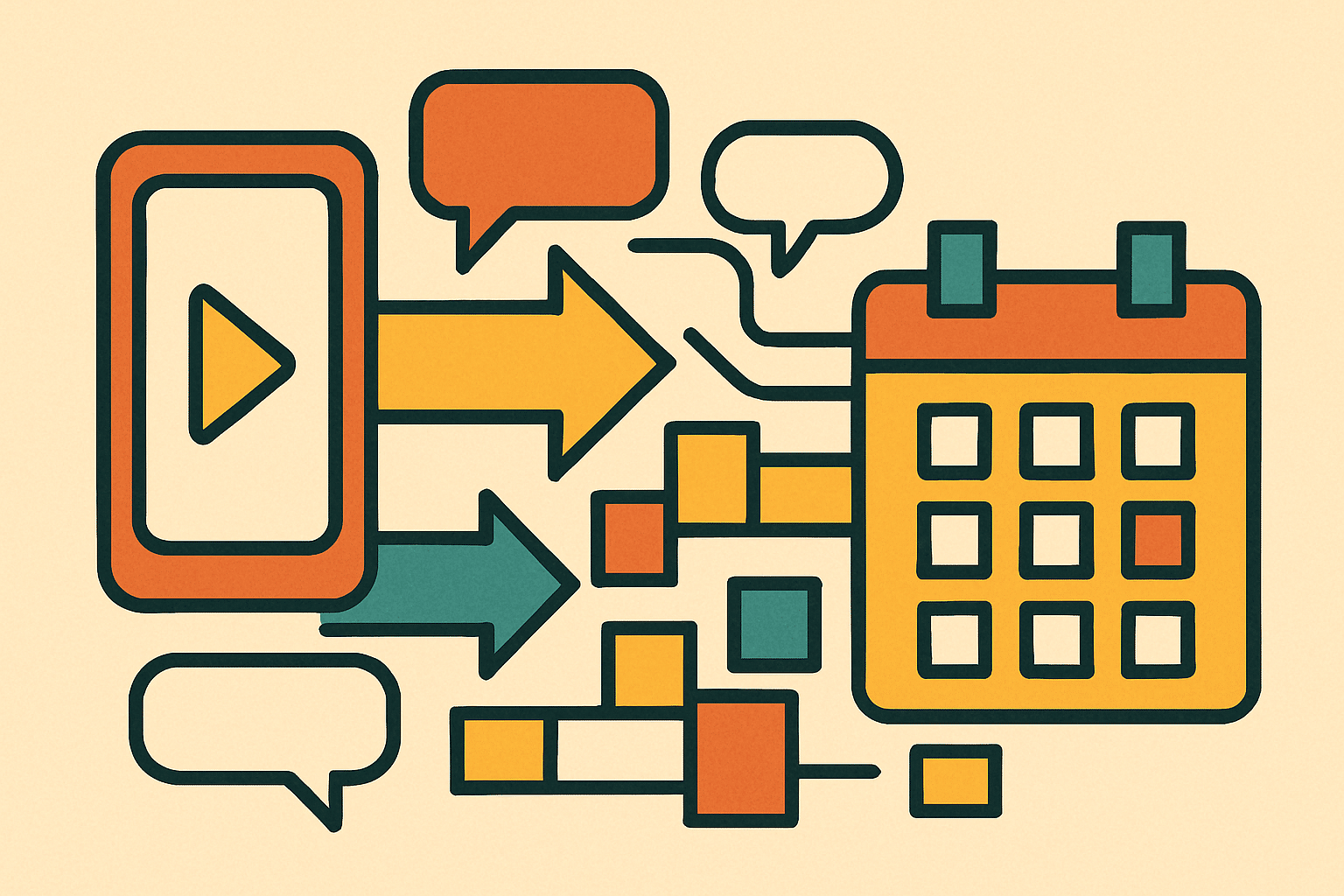 Abstrakte Retro-Tech Grafik, die den Weg vom Social-Content zur Anfrage nur andeutet.