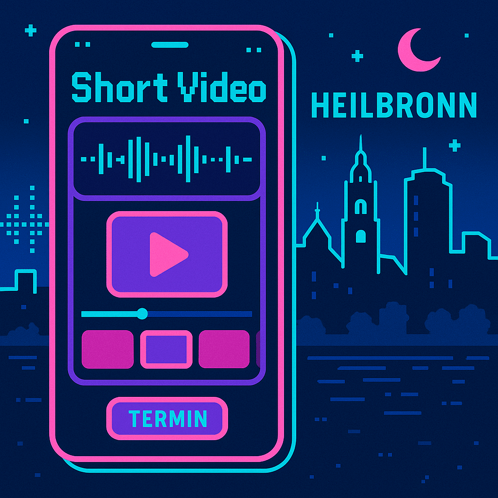 Kurzvideo Workflow vor der Skyline von Heilbronn im Retro Tech Stil.