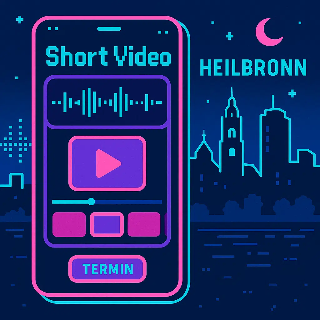 Kurzvideo Workflow vor der Skyline von Heilbronn im Retro Tech Stil.