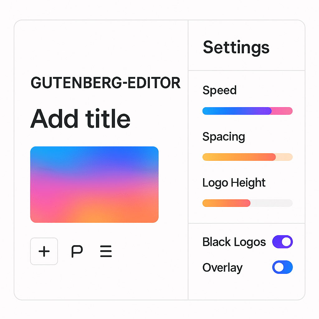 Gutenberg Editor mit Einstellungen für den Infinite Logo Carousel Block in poppigen Akzentfarben