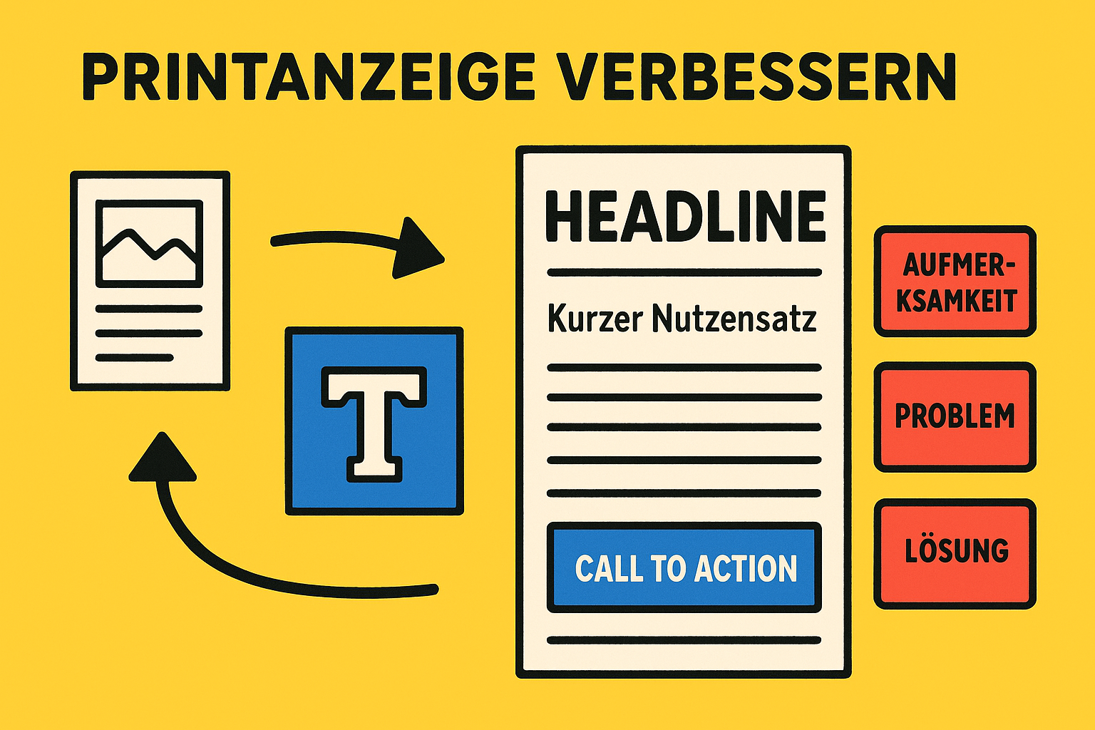 Zeitungsausschnitt zeigt Headline, Nutzen und Call-to-Action, daneben die Idee Aufmerksamkeit Problem Lösung.
