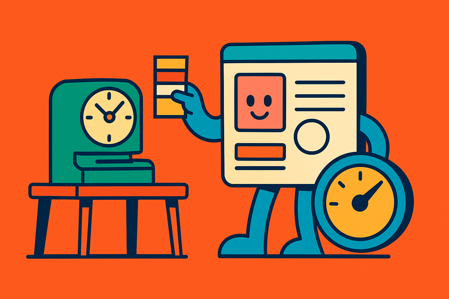 Website Figur stempelt an Retro Stempeluhr ein, Anfragen Zähler steigt, flache Illustration