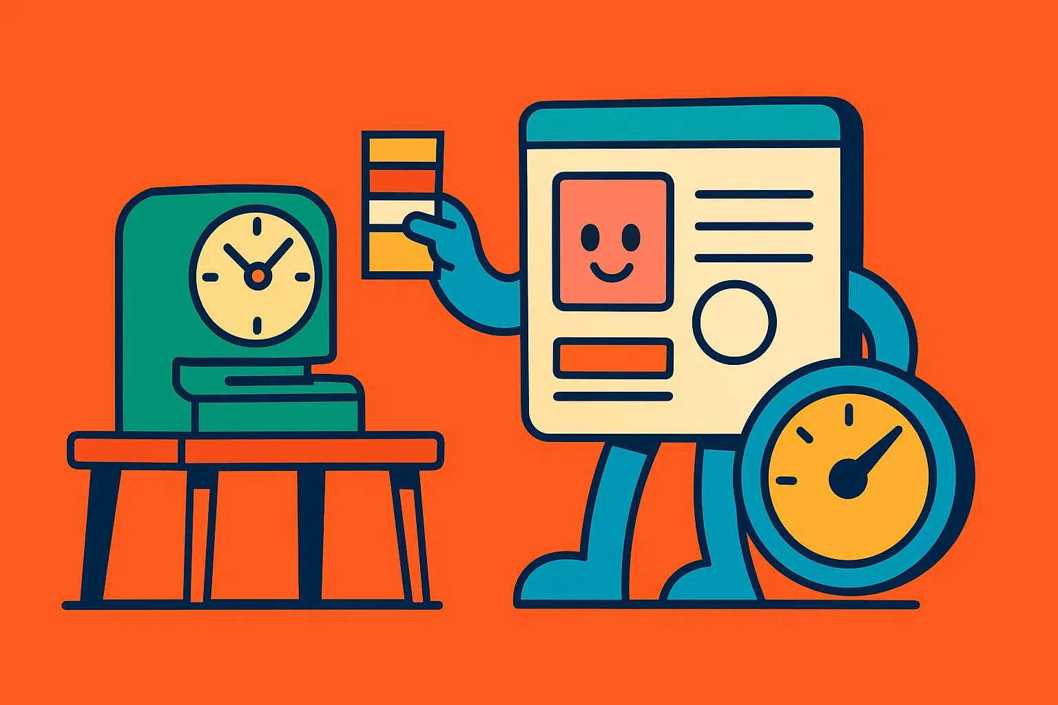 Website Figur stempelt an Retro Stempeluhr ein, Anfragen Zähler steigt, flache Illustration