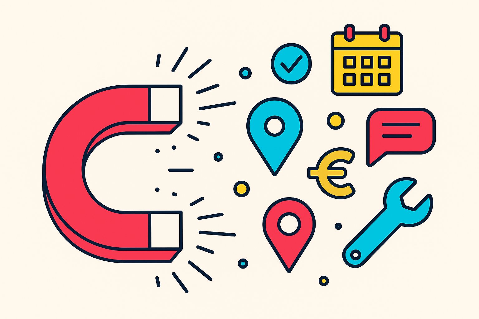 Hufeisenmagnet zieht Icons für Leads und Nutzen im flachen Retro Tech Stil