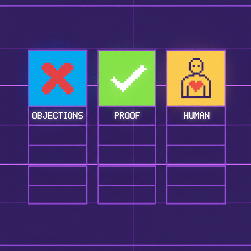 Content Matrix mit Einwänden, Beweisen und Mensch im Retro Tech Look.