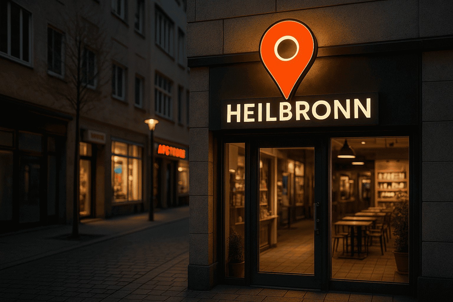 Lokales Geschäft in Heilbronn mit Karten Pin als Symbol für Local SEO und bessere Auffindbarkeit