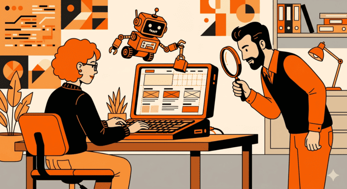 Website mit KI erstellen, Illustration: KI-Roboter setzt Bausteine, Mensch prüft das Ergebnis mit Lupe