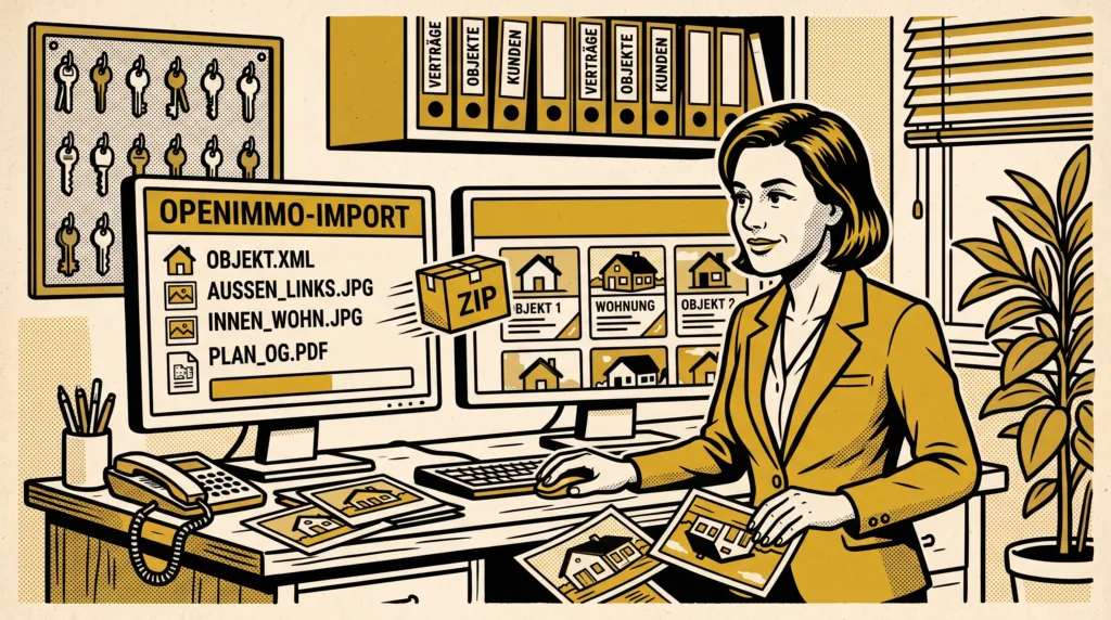 OpenImmo Schnittstelle - Maklerin startet am Bildschirm den OpenImmo-Import der Objektdaten