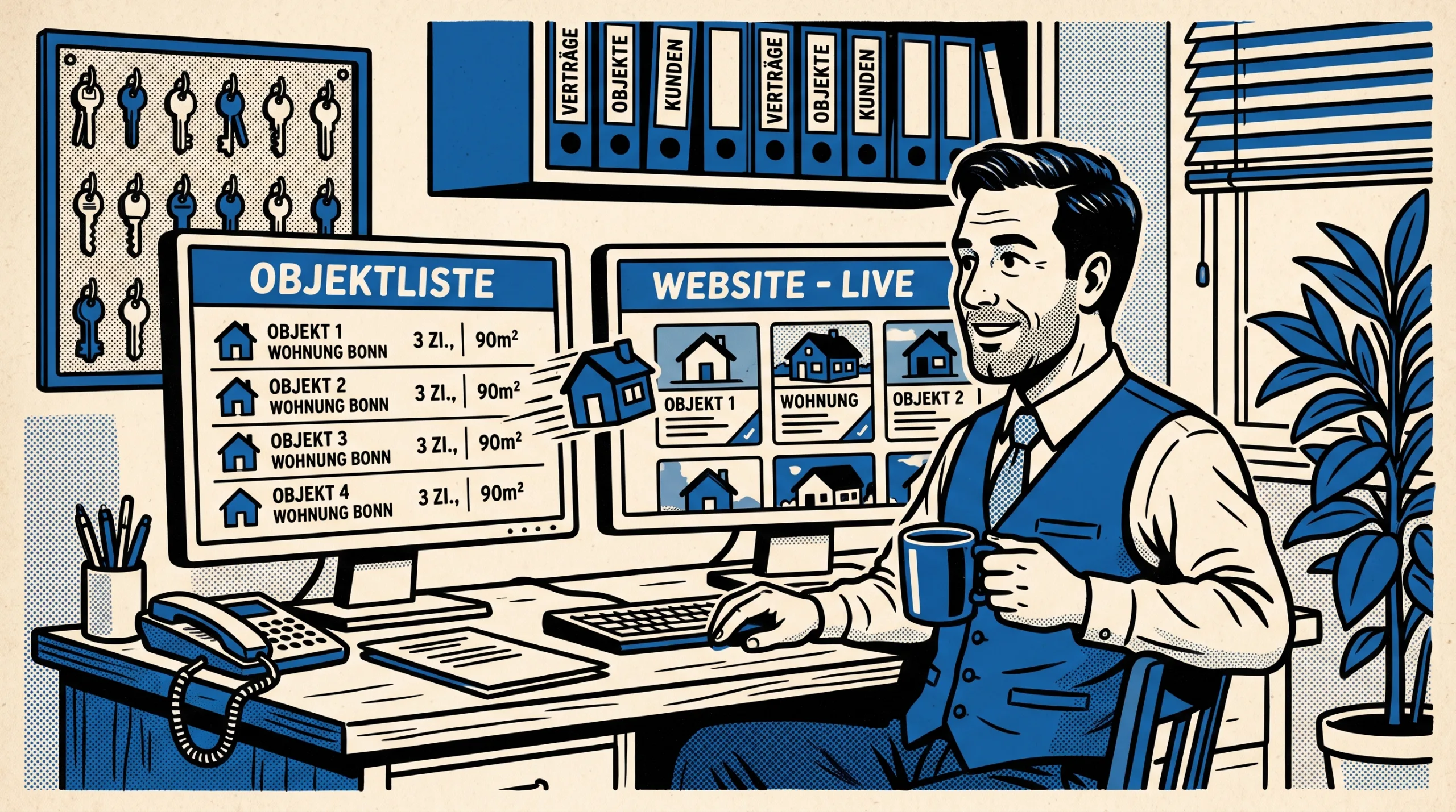 OpenImmo WordPress - Makler am Schreibtisch, Maklersoftware und Website zeigen dieselben Objekte