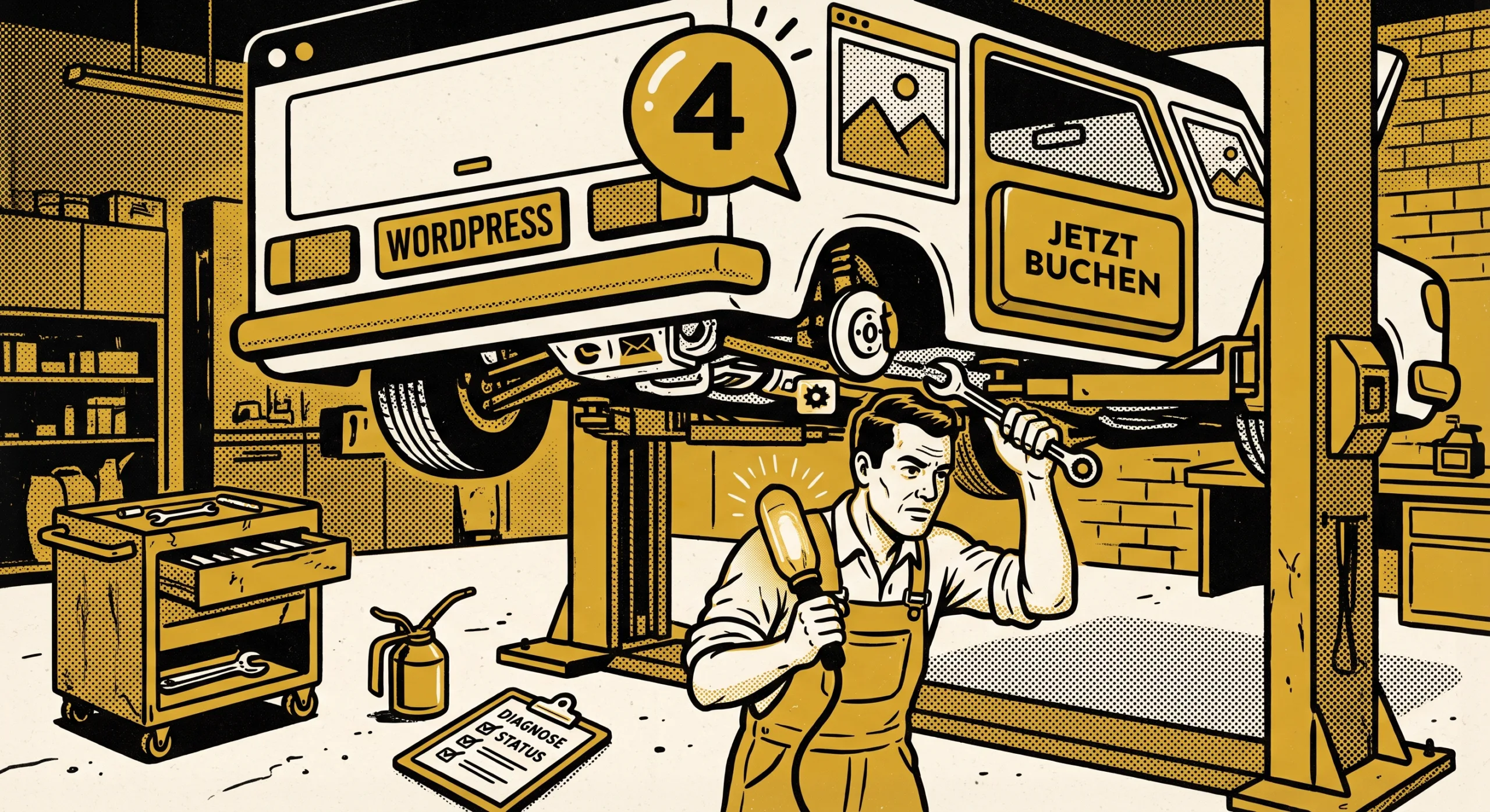 WordPress Updates sicher einspielen - Mechaniker inspiziert eine Website auf der Hebebühne